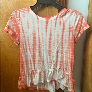 Women's Coral and White Tie-Dye Ruffle Hem Long Sleeve Tee